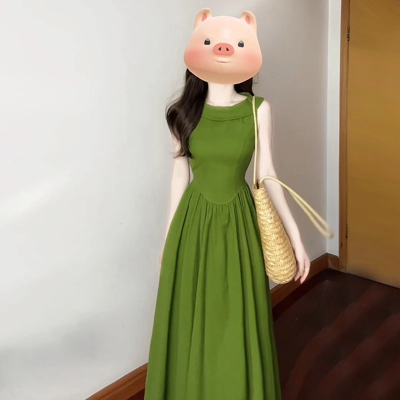 绿调~法式复古无袖气质绿色连衣裙优雅长裙子2025夏季3309