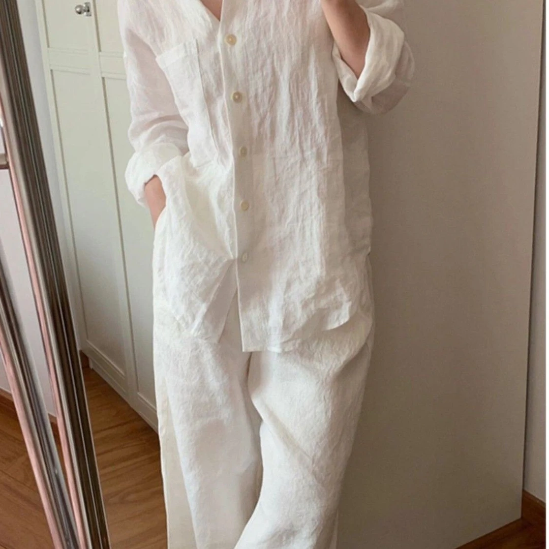 白色棉麻套装女2025春新款简约休闲慵懒风百搭宽松衬衫长裤两件套