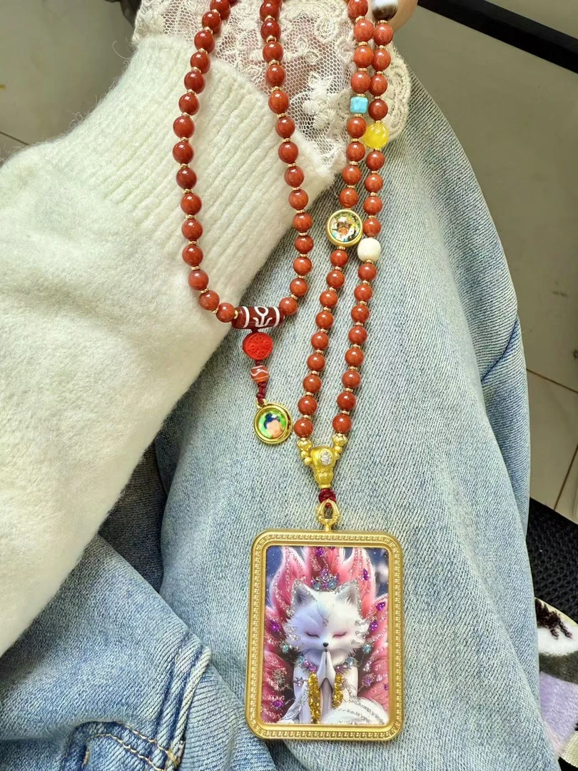 钛钢吊坠 【灰姑娘原创】Q版九尾狐凤凰双面大方牌项链M6386