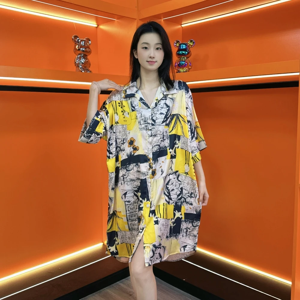 夏季新款睡裙女士时尚印花薄款中长款衬衫裙宽松睡衣裙翻领家居服