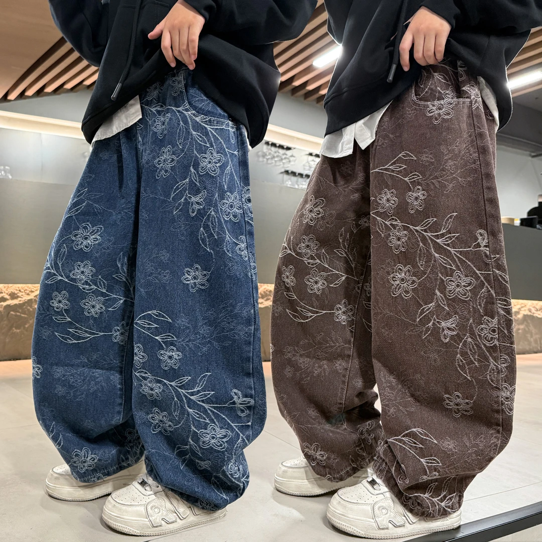 男童秋装牛仔裤2025新款中大童潮款弯刀提花宽松休闲裤痞帅直筒裤