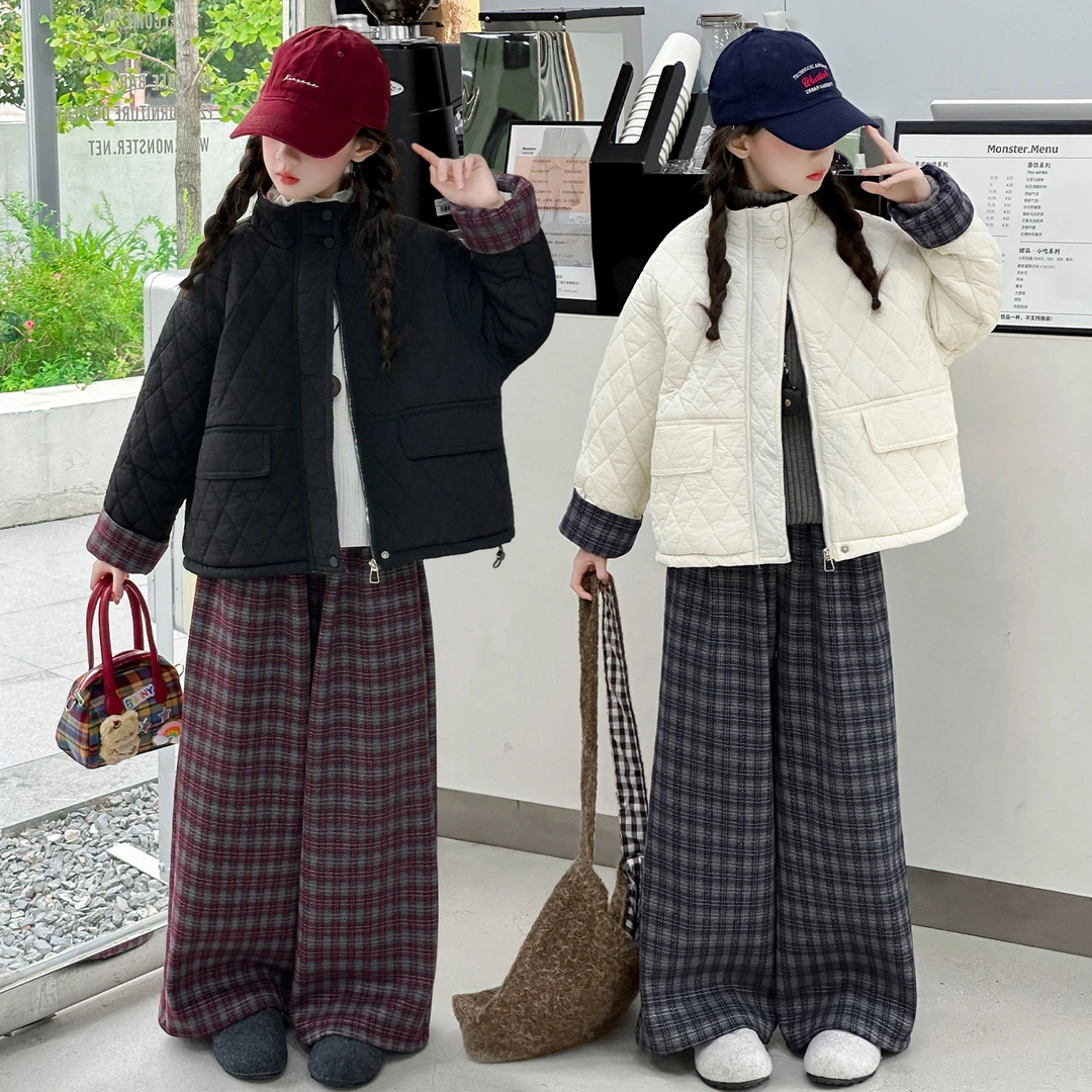 女童秋冬款绗线棉衣加绒格子裤套装大童时髦高级感韩系穿搭一整套