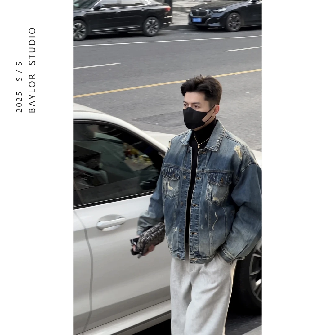 25春季顶奢系列 13OZ时髦复古水洗丹宁 破坏工艺短款牛仔夹克外套