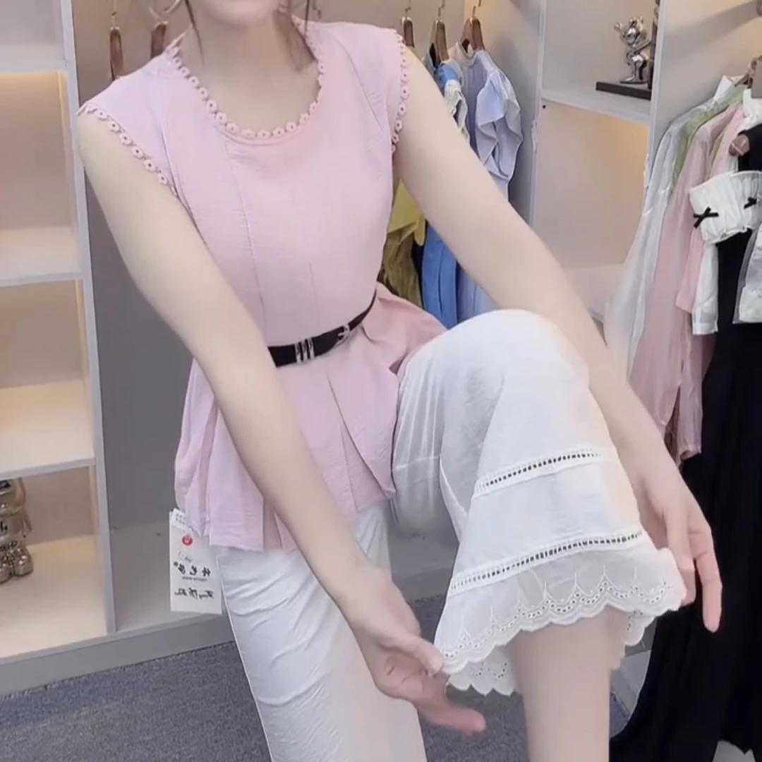 法式花边拼接无袖绑带收腰显瘦优雅时尚套装