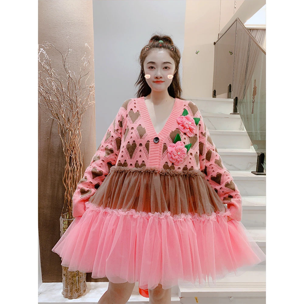 设计师定制款爱心V领针织毛衣开衫拼接网纱连衣裙蓬蓬裙女