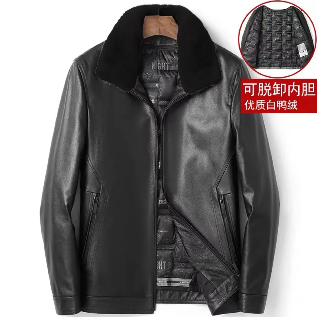 晟维迪21389海宁秋冬男款黑色可脱卸内胆保暖商务牛皮真皮皮衣