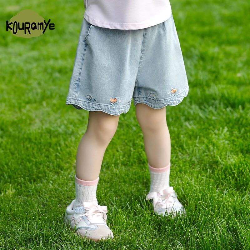 酷娃米2025夏季新款儿童裤子女童洋气甜美刺绣花边牛仔短裤70439