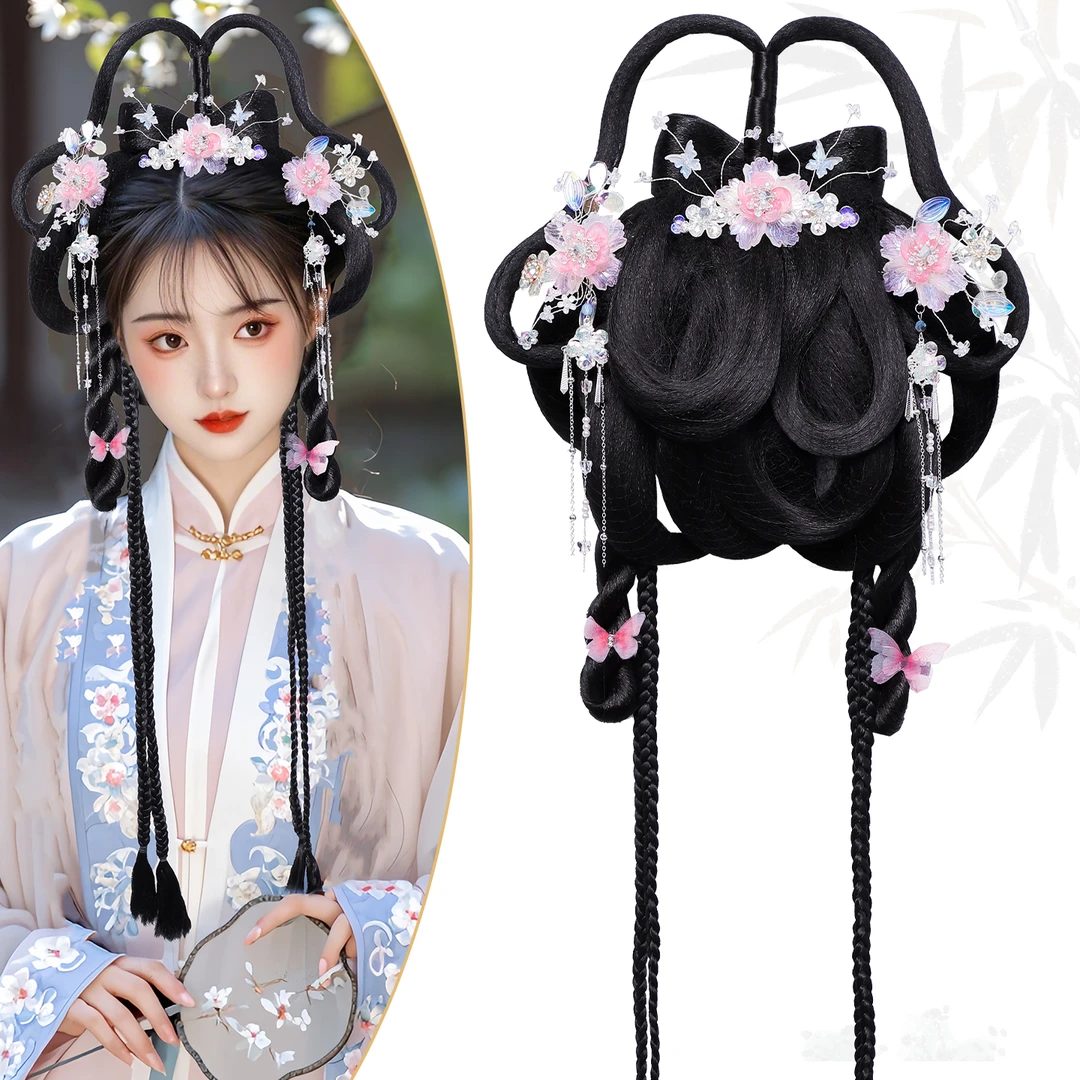 古风假发头饰组合懒人后脑勺披发一体式造型汉服对夹配饰蝴蝶发髻