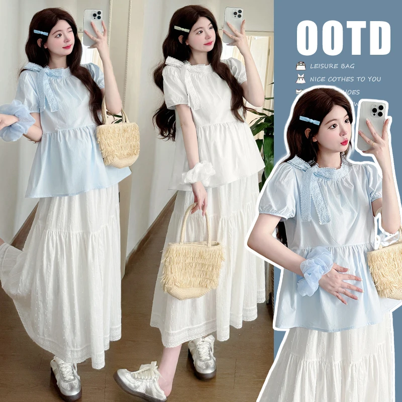 夏季新款孕妇套装时尚韩版蝴蝶结蕾丝花边衬衫高腰显瘦提花半身裙