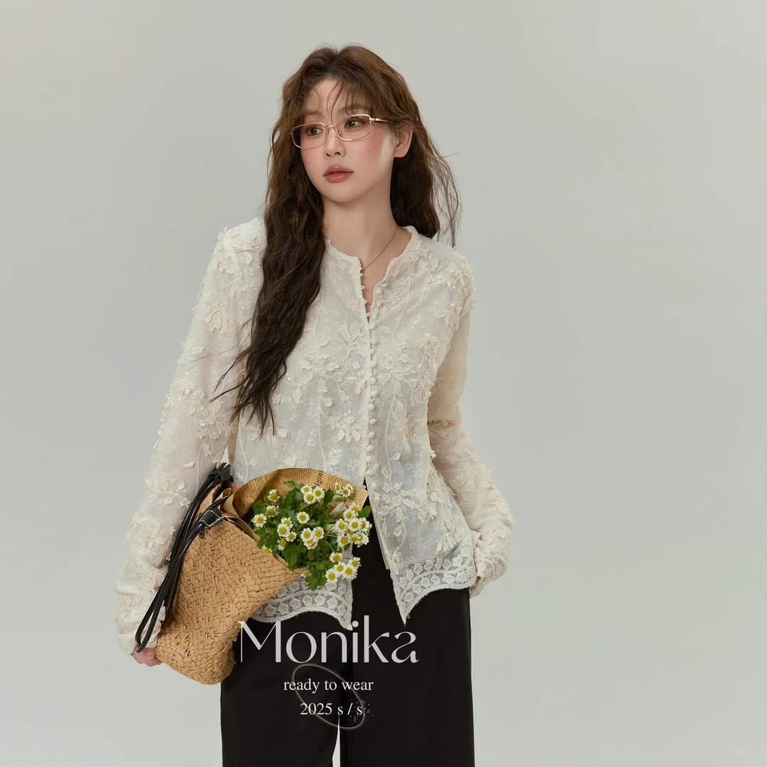 大码女装胖mm法式蕾丝衬衫2025新款夏季蕾丝亮片小衫上衣75798