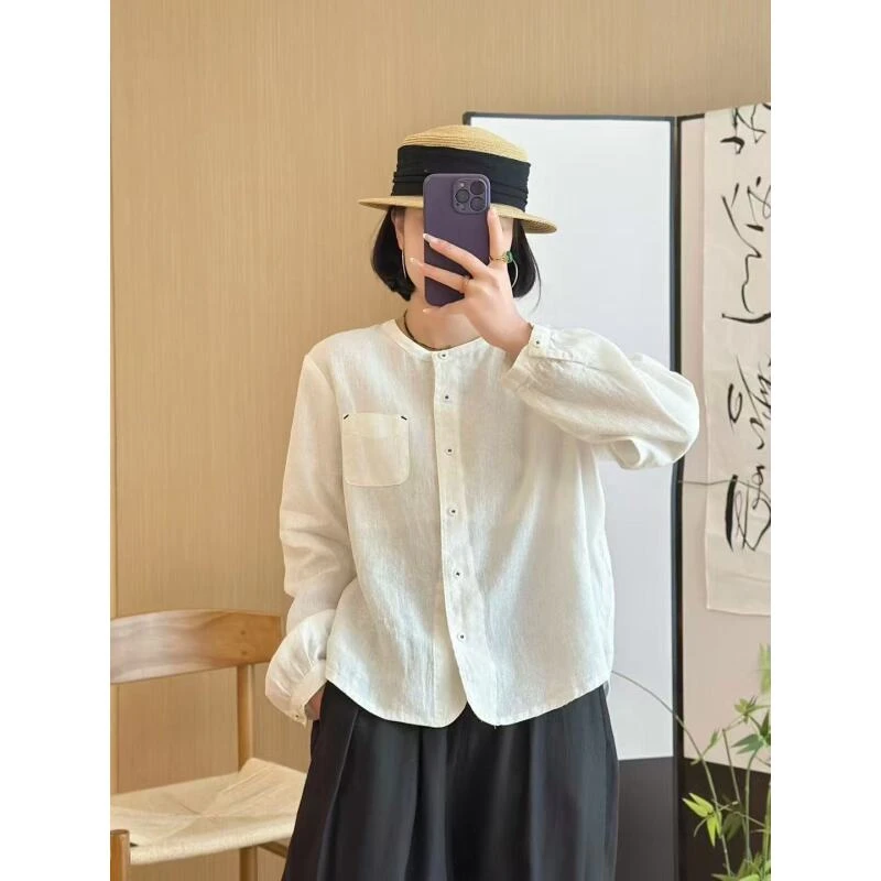 早秋新款女装圆领口袋100%全亚麻三色衬衣老钱洋气百搭单品