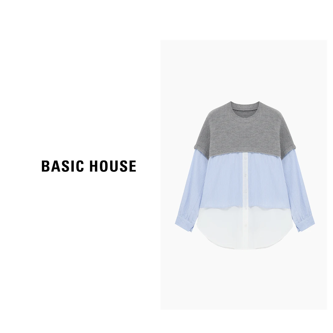 Basic House/百家好蓝白配色小清新拼接长袖自然衬衫-B06245I0552