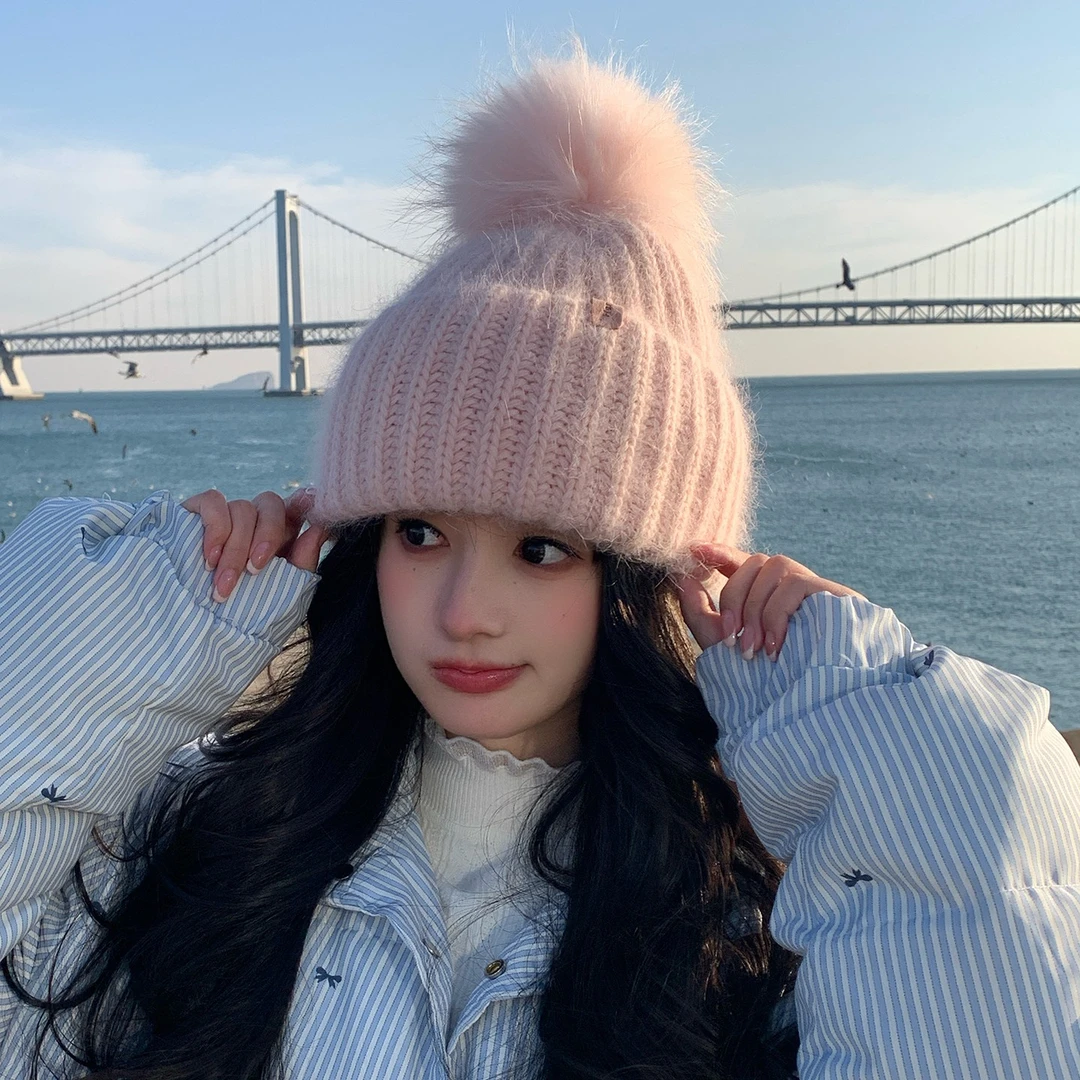 花少同款羊毛针织女秋冬时尚皮草帽子貉子毛大球护耳保暖毛线帽