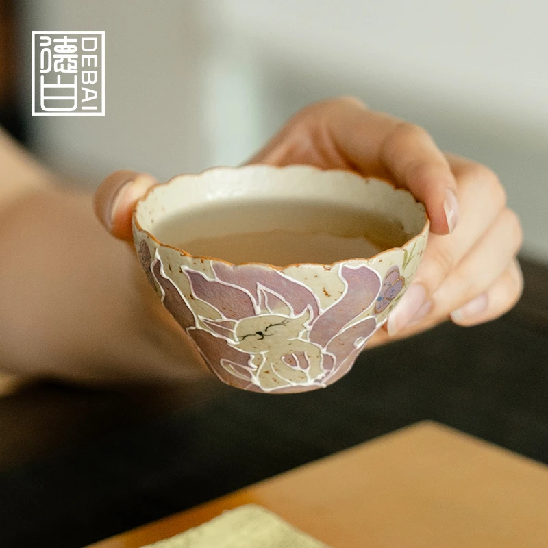 德白陶瓷小茶杯主人杯火石红纯手绘九尾仙狐新中式泡茶品茗杯茶具