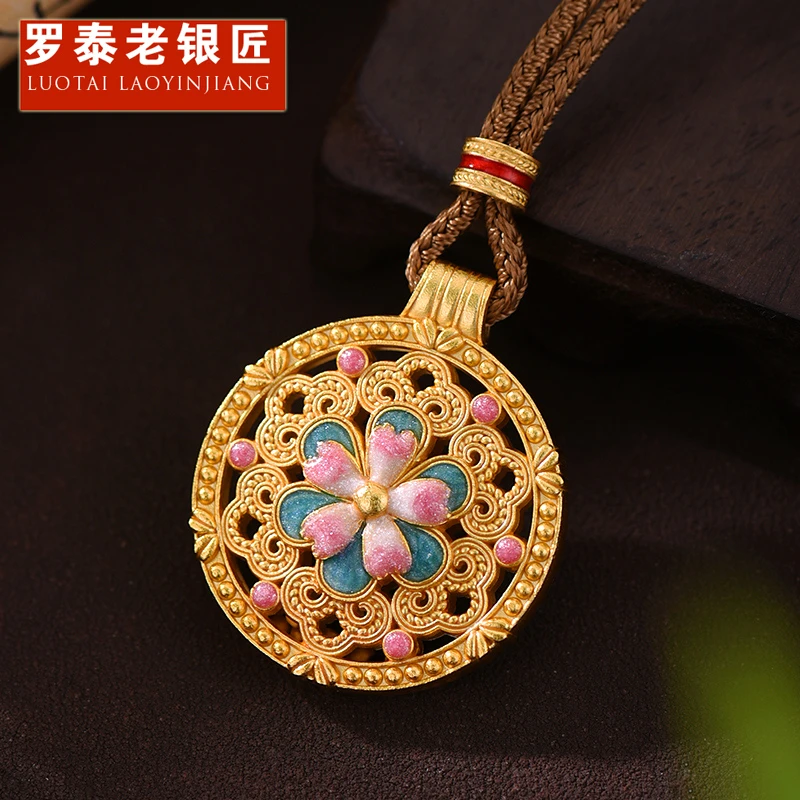 罗泰老银匠 吊坠足银合成锆石 9999纯银描金花开富贵吊坠女款挂坠