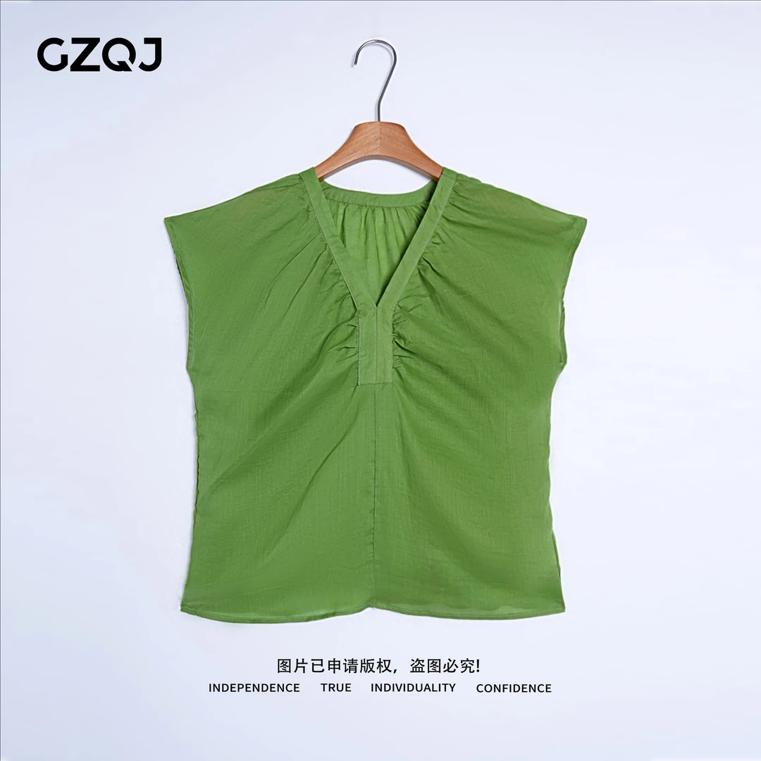 广州琴姐【夏日巴黎】苎麻天丝压褶V领飞飞袖显瘦上衣T恤女夏季9373