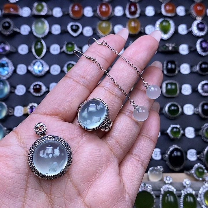 岫玉戒指吊坠耳坠套装银S925镶嵌偷***你