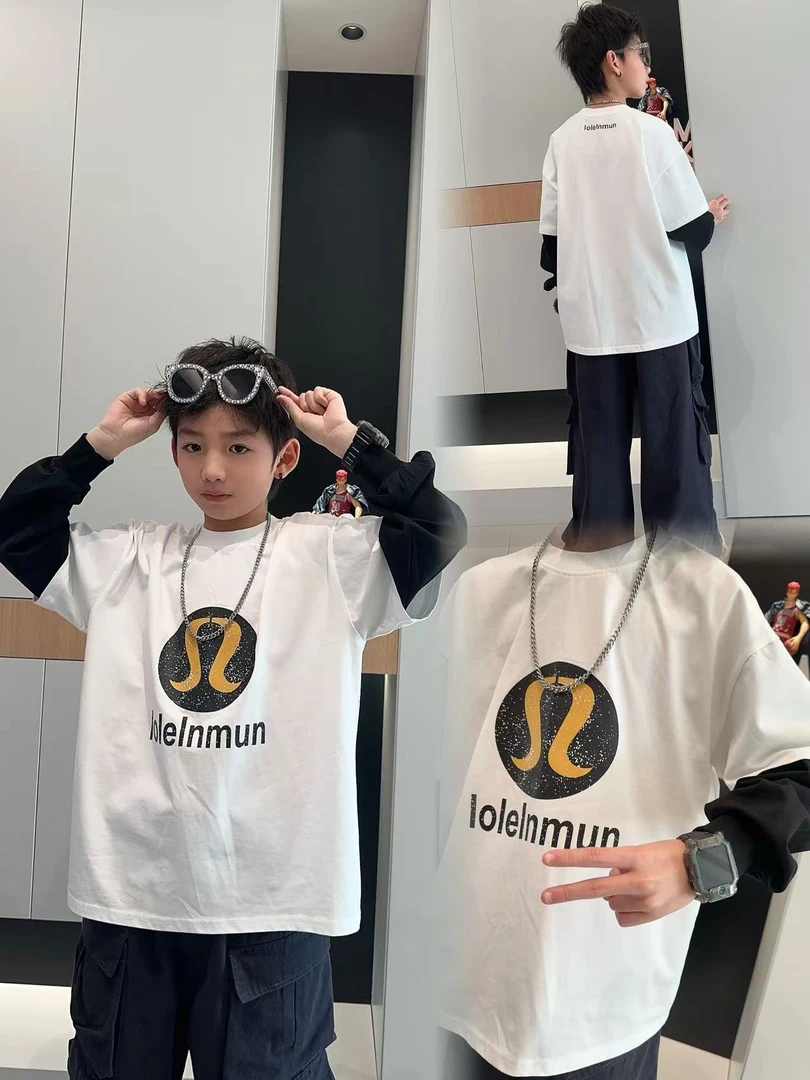 男童春季百搭假两件白色T恤中大童潮童装