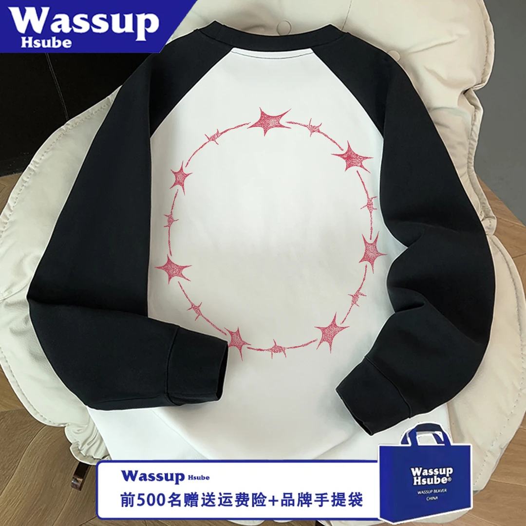 WASSUP HSUBE百搭潮流美式宽松星星字母圆领长袖印花秋冬情侣上衣