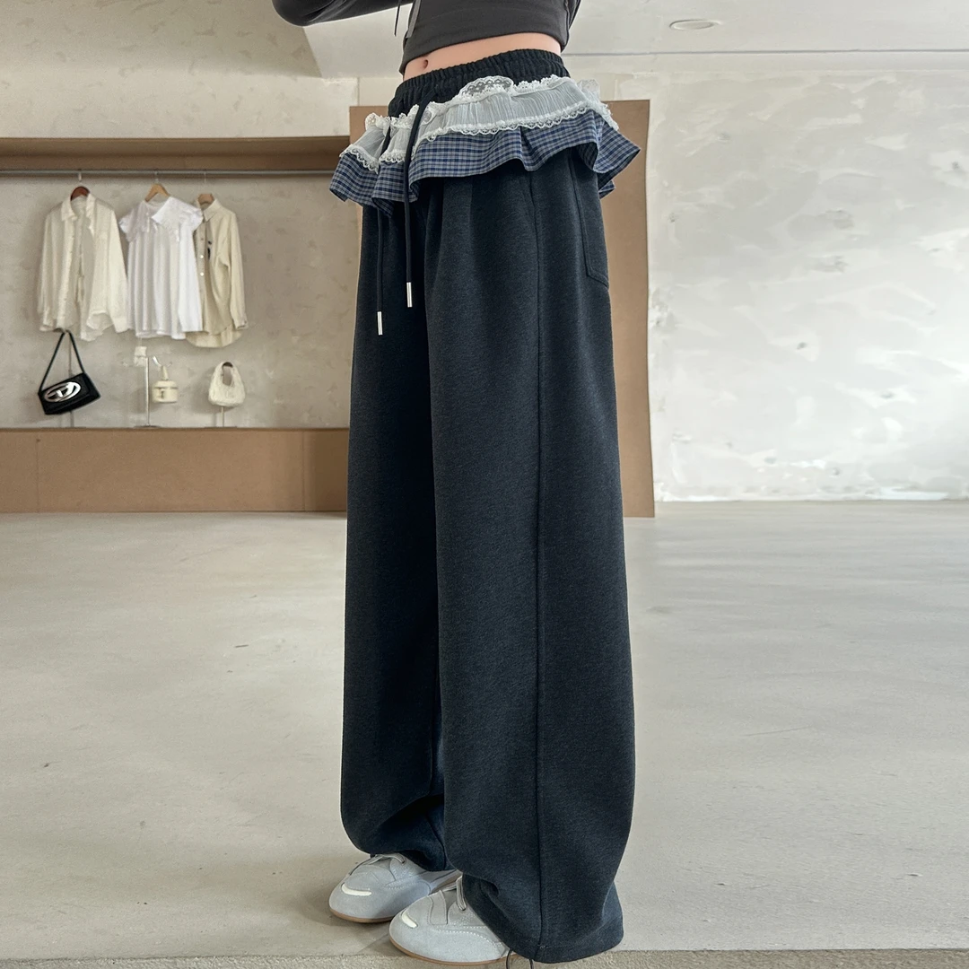 女童加绒阔腿裤女大童秋冬加厚卫裤韩版中学生时髦窄版直筒裤长裤