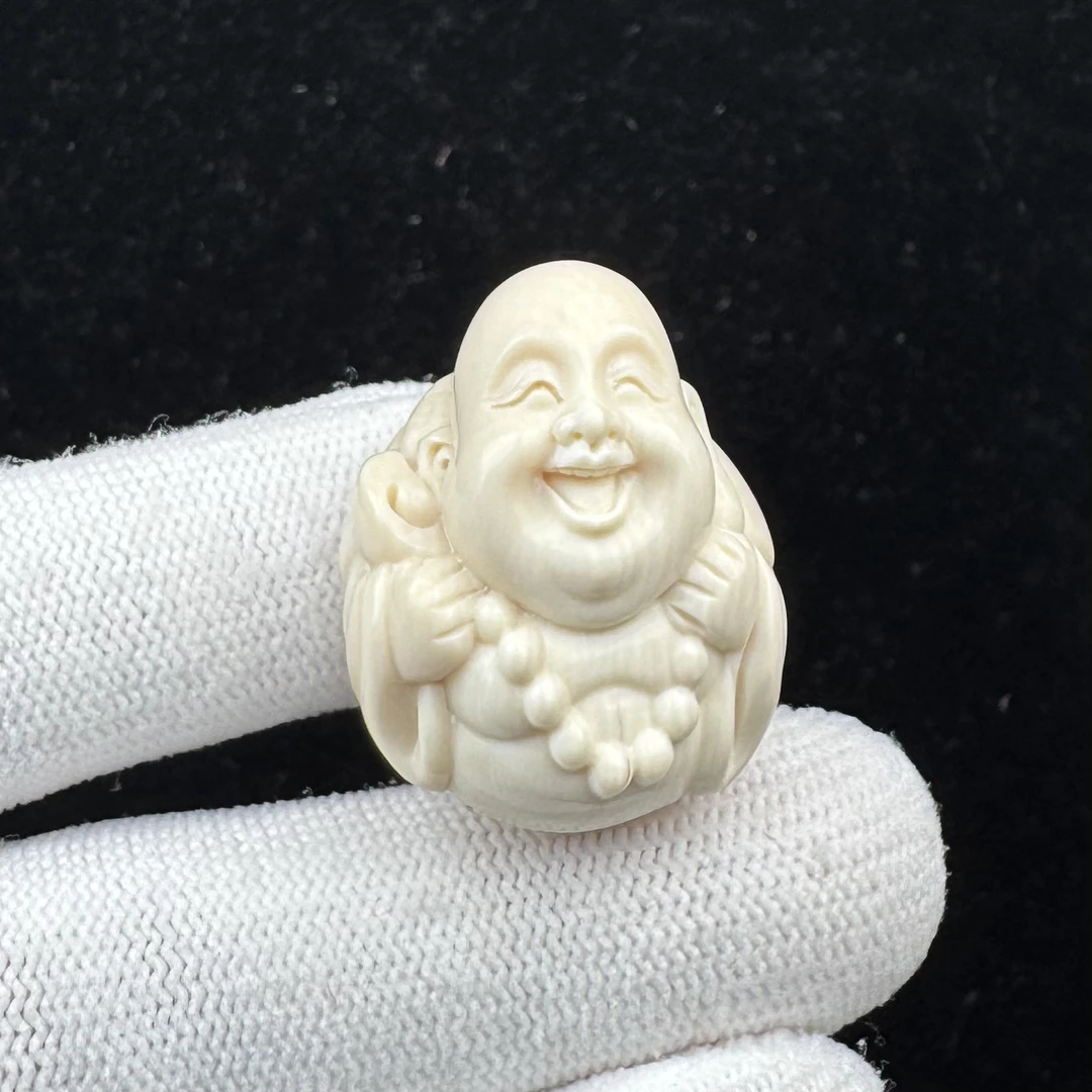 H5106天然猛犸牙 弥勒佛雕刻件23.5x30.3mm一物一图支持鉴定