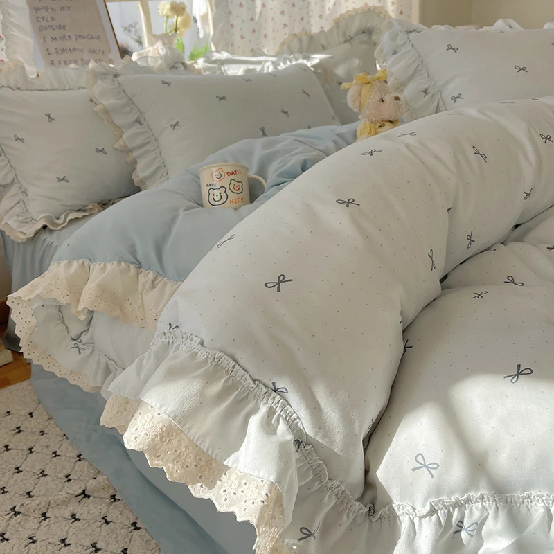 双层纱韩版少女心四件套宿舍花边被套床单床裙床上用品三件套