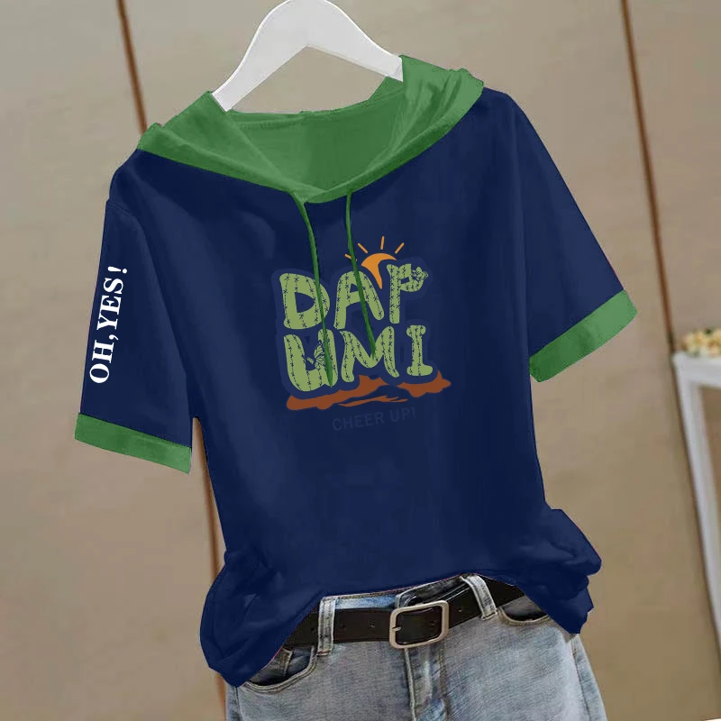 纯棉连帽拼接撞色短袖t恤女2025夏季新款宽松减龄百搭印花上衣服