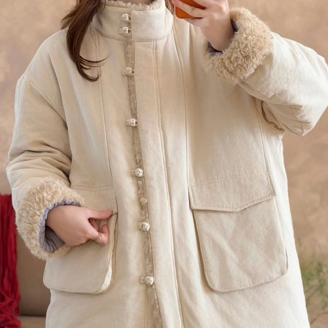 冬季新款文艺复古100%亚麻夹棉盘扣棉袄女拼接羊羔毛加厚保暖外套
