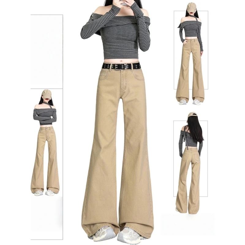 美式卡其色不贴腿微喇牛仔裤女早秋新款低腰宽松垂感阔腿喇叭裤子