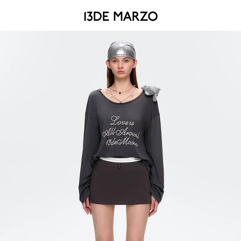 13DE MARZO女士 25春夏新款烫珠半透明打底衫高级感薄款罩衫T恤