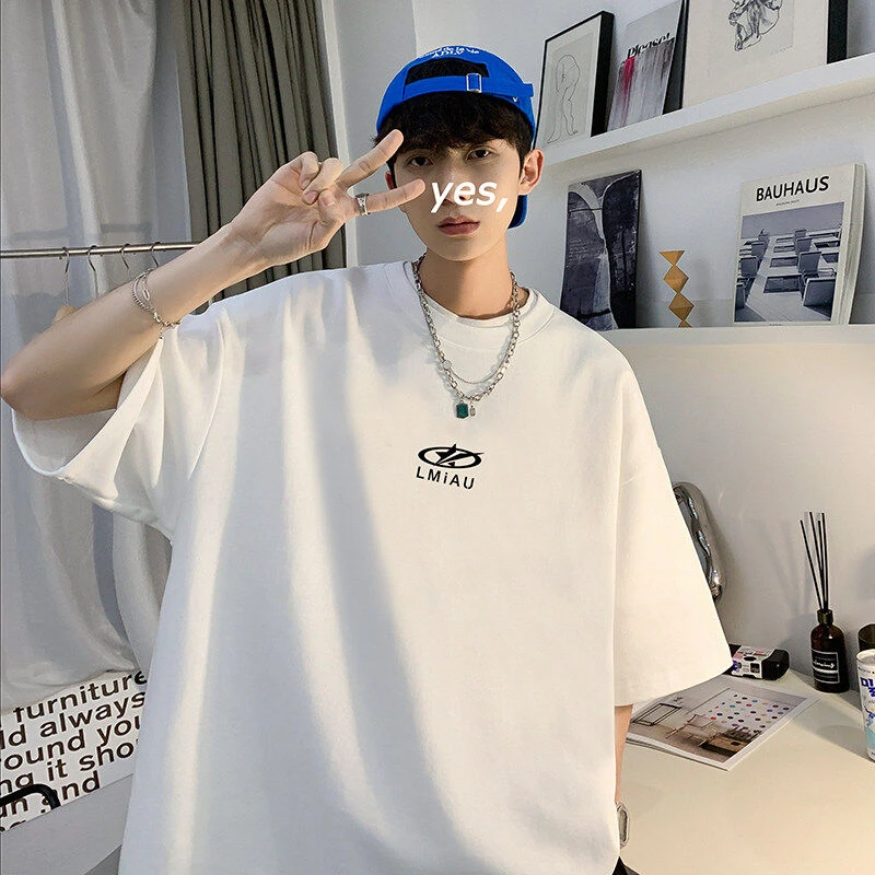 美式cleanfit白色正肩短袖夏季男款重磅字母T恤纯棉小领口半袖潮