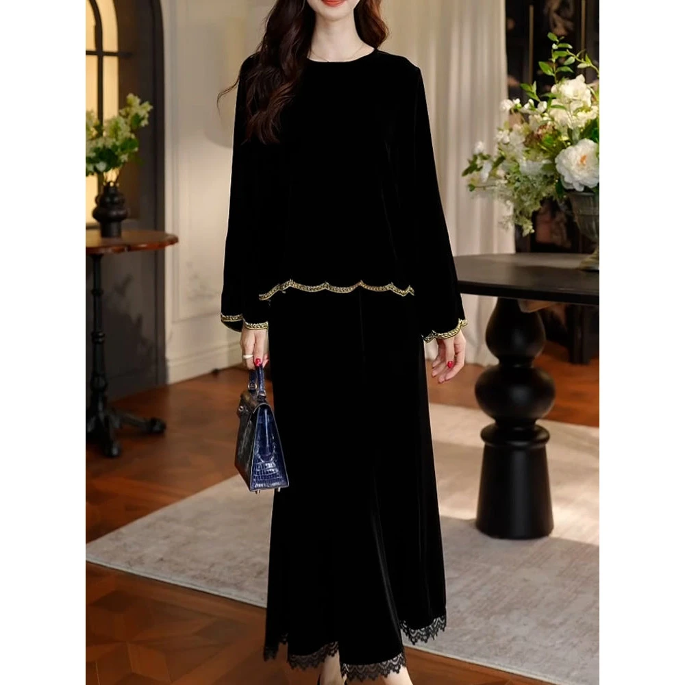 法式高级感裙套装2025秋季新款时尚蕾丝拼接丝绒长袖衬衫+半身裙