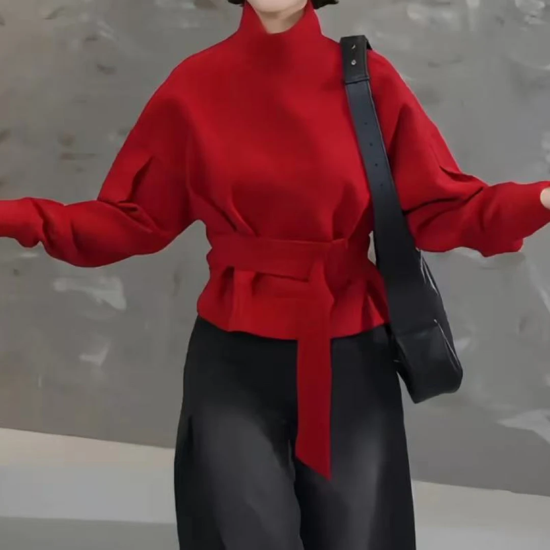 【甲木欧韩原单】设计感高领腰带收腰上衣打底/品391