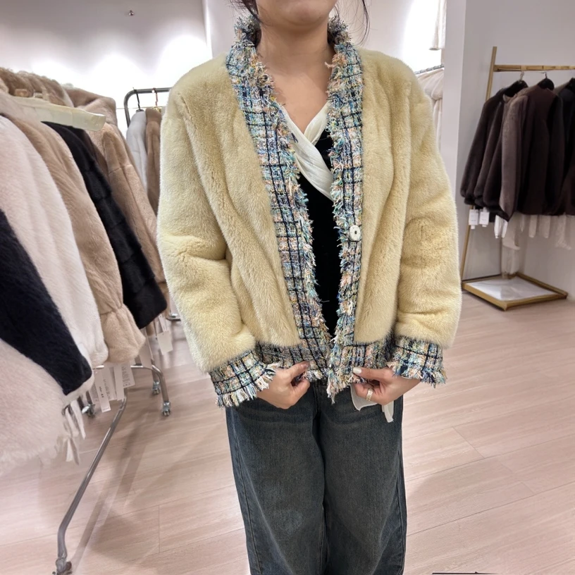 米黄小香风款2025进口水貂皮草短二天鹅绒整貂网红直播福利