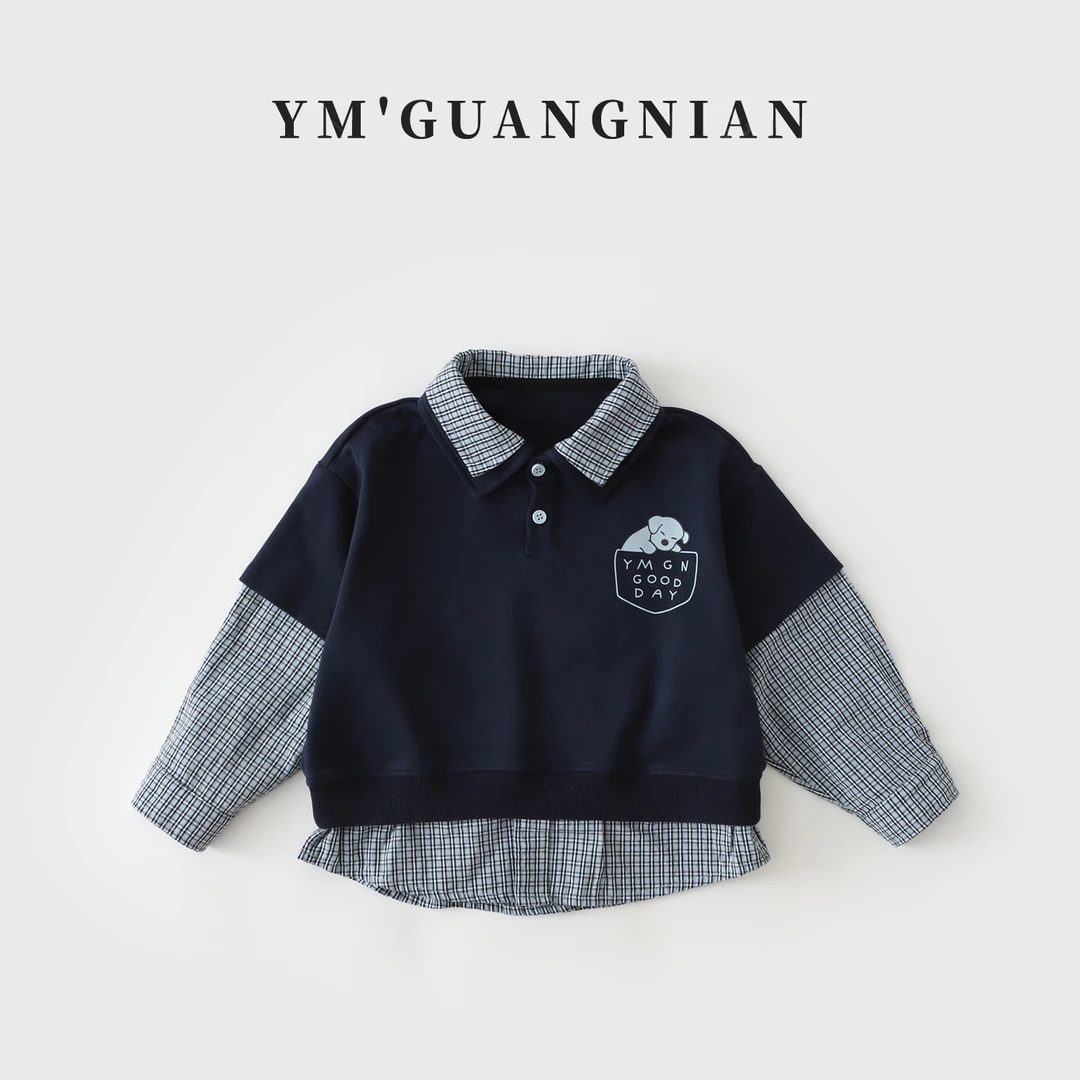 【幼棉光年】秋季男童韩版长袖百搭POLO领休闲印花圆领衣服2201286