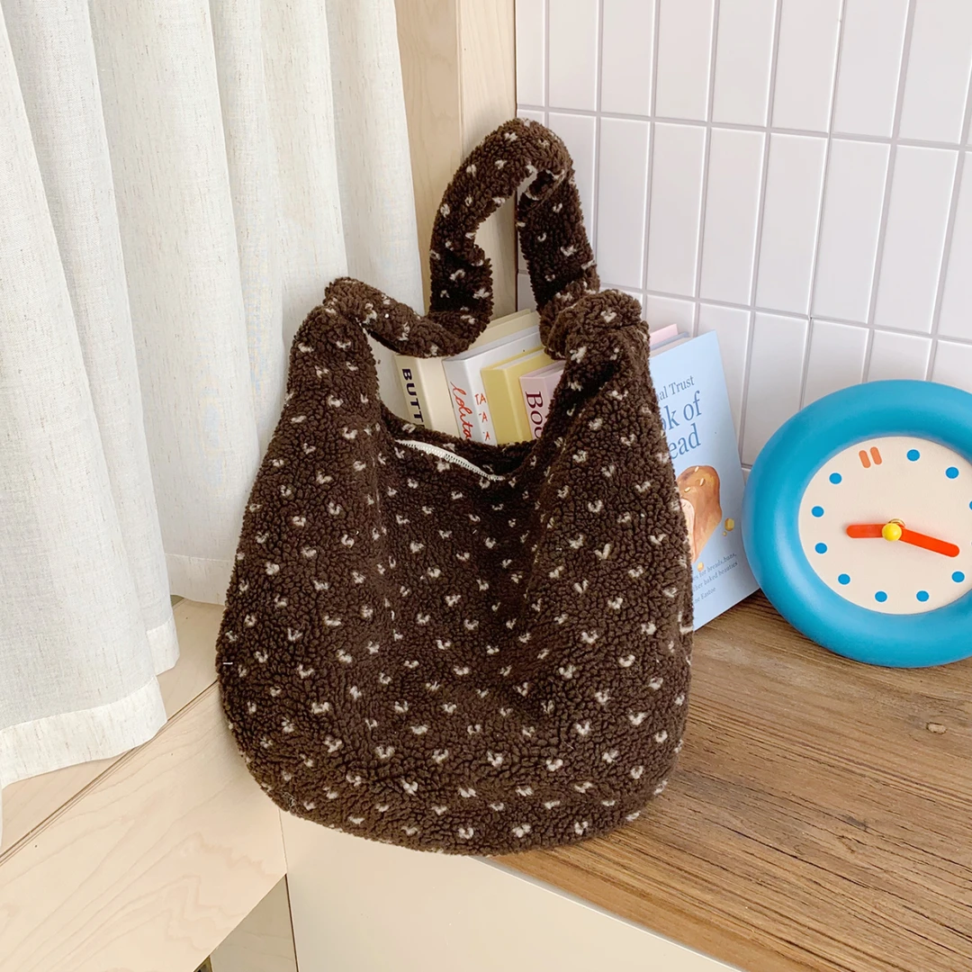 2025新款拉链毛绒包包托特包女单肩斜挎包日系复古ins风6610