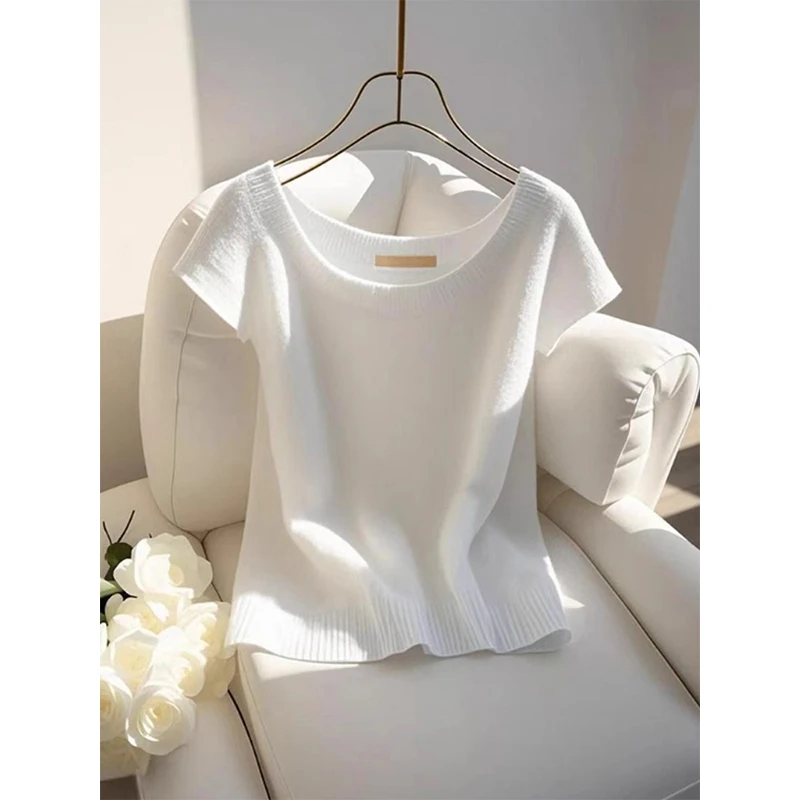 欧货高端白色针织T恤法式漂亮小衫轻奢高级感圆领短袖上衣女夏季