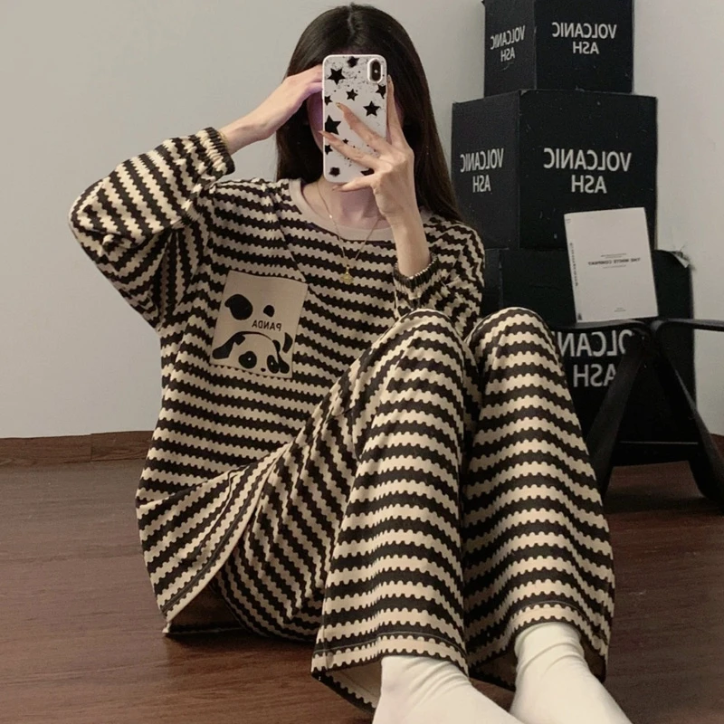 纯棉睡衣春秋款女卡通条纹长袖长裤可外穿甜美春季宽松家居服套装