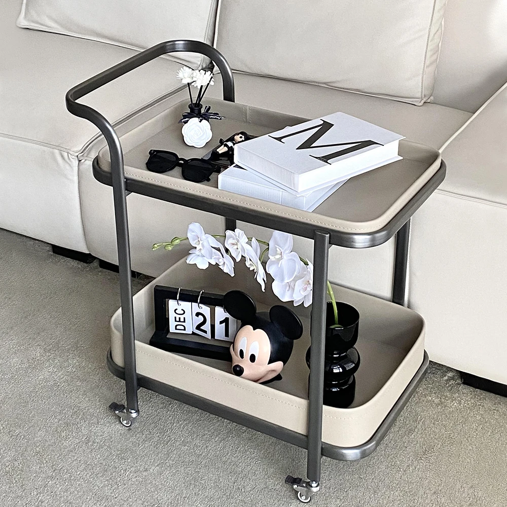 轻奢极简边几可移动简约马鞍皮沙发现代储物角几小推车置物架双层