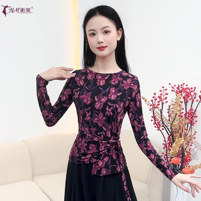 中国古典舞民族舞印花修身绑带显瘦长袖上衣成人现代舞练功服女秋
