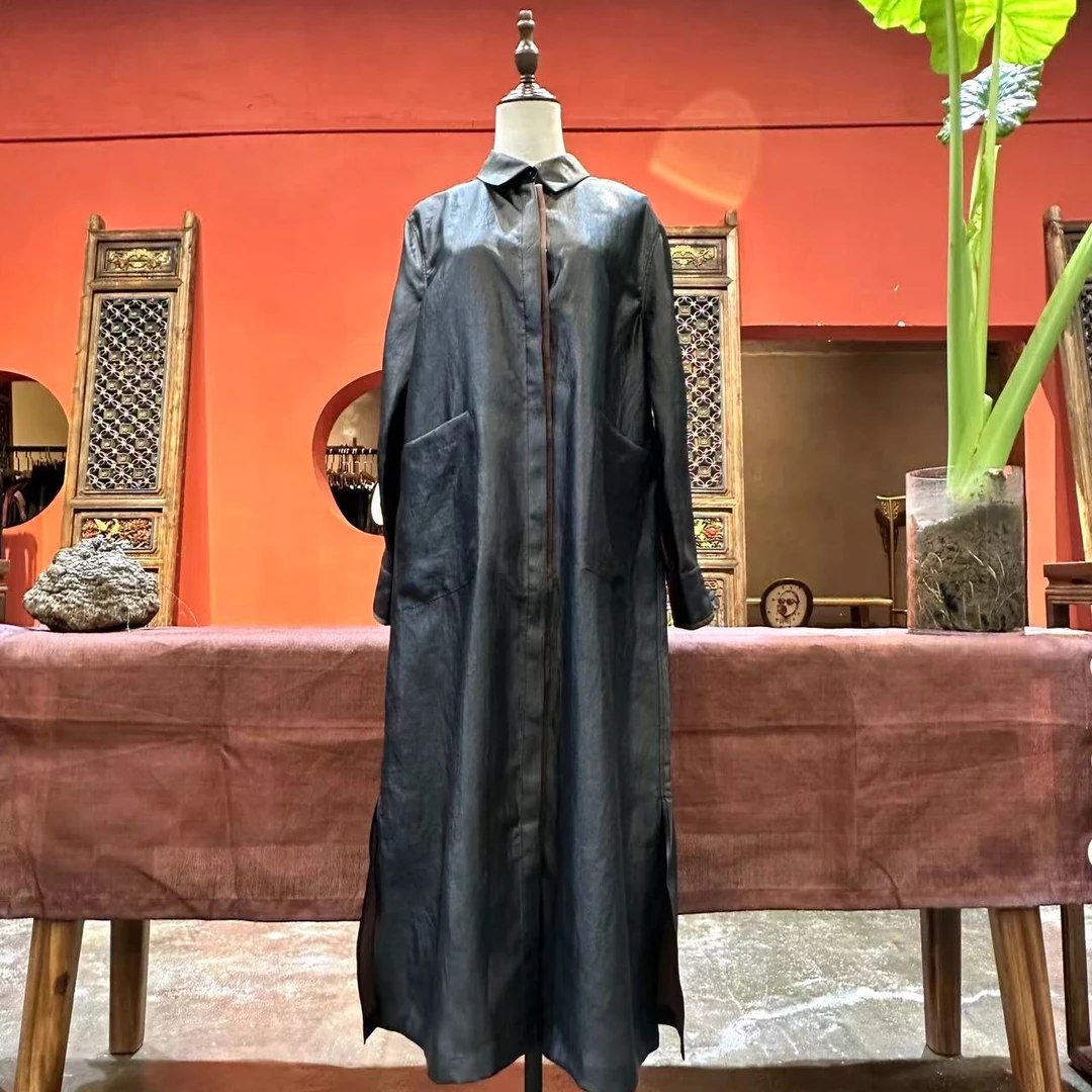 艾可原创 双面穿风衣连衣裙  素平缎平板香云纱 长125