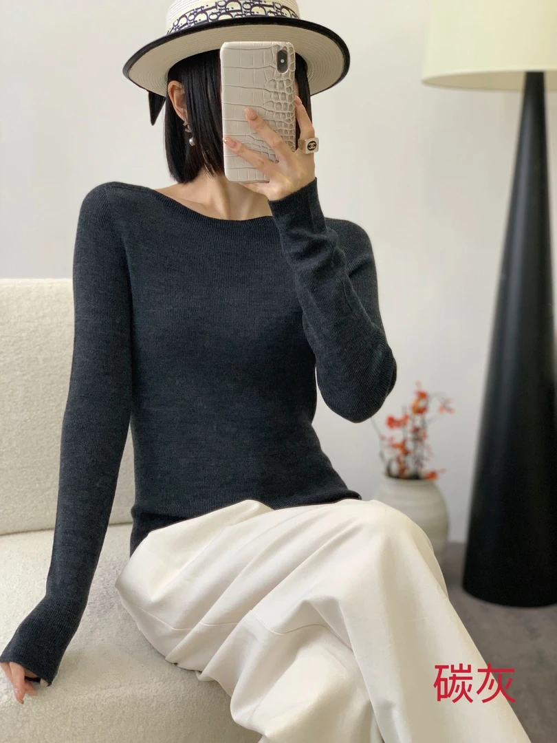 100%绵羊毛长袖一字领休闲百搭纯色秋冬女士可机洗针织