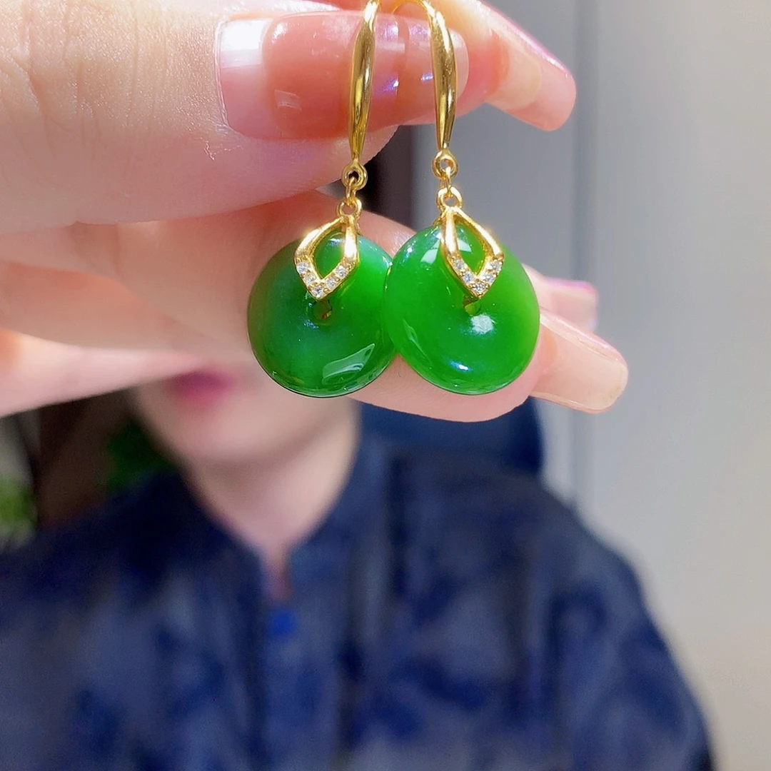 和田玉（碧玉）银S925镀金镶嵌耳饰