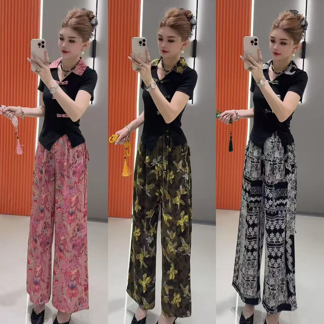 新款7840 国风重工雕花刺绣盘扣翻领短袖上衣 加 长裤 两件套