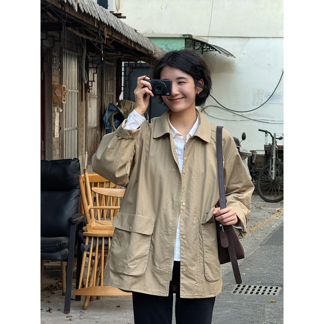 LANGQING 休闲宽松翻领丝绵风衣外套46243#