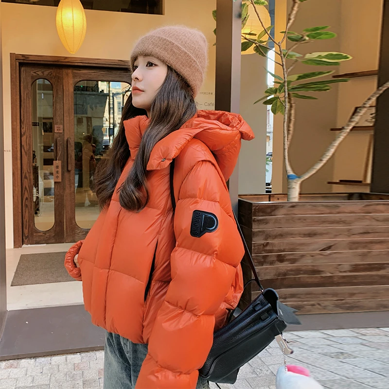 橘色连帽短款羽绒服女冬季加厚2025新款韩版休闲小个子白鸭绒外套