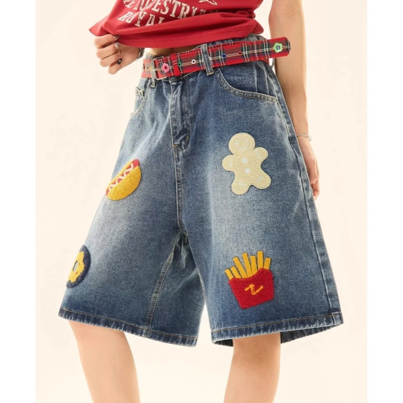 汉堡薯条设计感毛巾绣牛仔短裤男夏季美式潮牌宽松高街阔腿五分裤