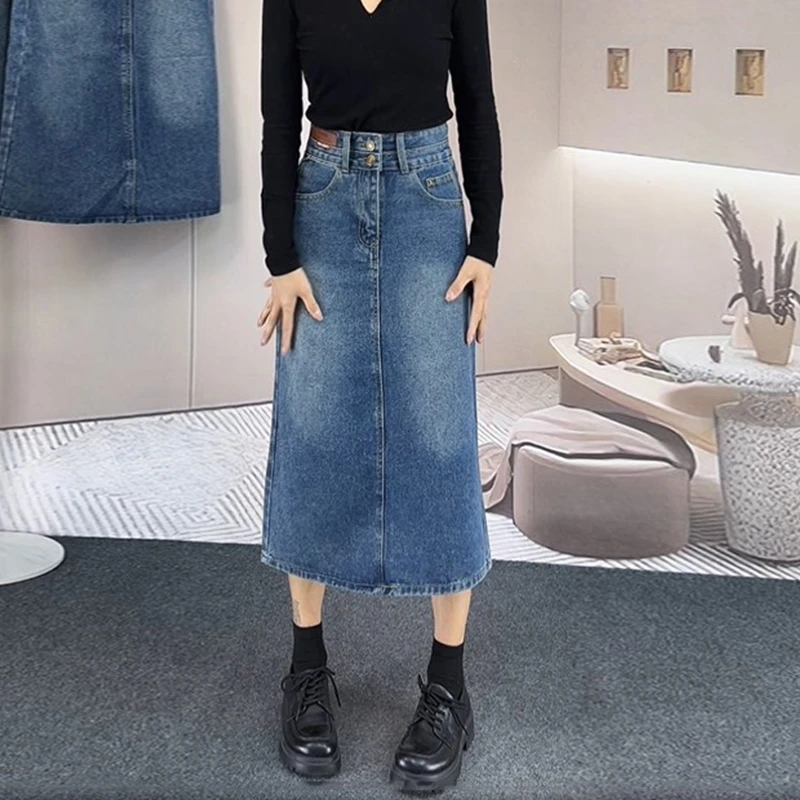 复古蓝色高腰显瘦胖mm遮肚子牛仔a字半身裙小个子开叉中长款百搭