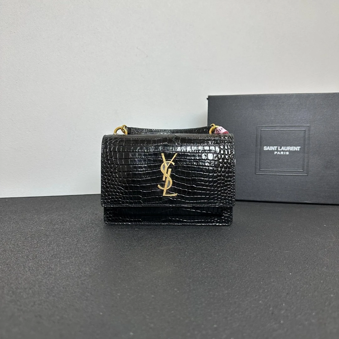 未使用 YSL/圣罗兰 壹所奢品/日落 鳄压纹 小号 黑金 闲置 双12
