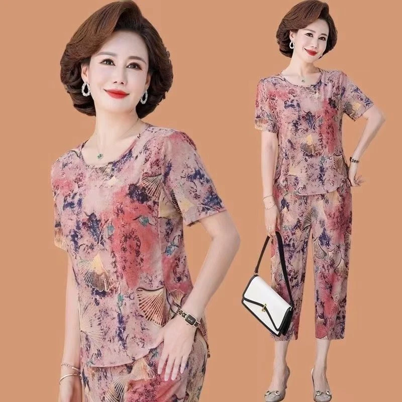 中老年夏季清凉气质透气冰丝休闲妈妈套装（上衣+裤子）